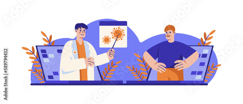 Cartoon character of doctor making treatment of illness remotely. Process of distance communication with therapist. Getting online medical consultation. Vector