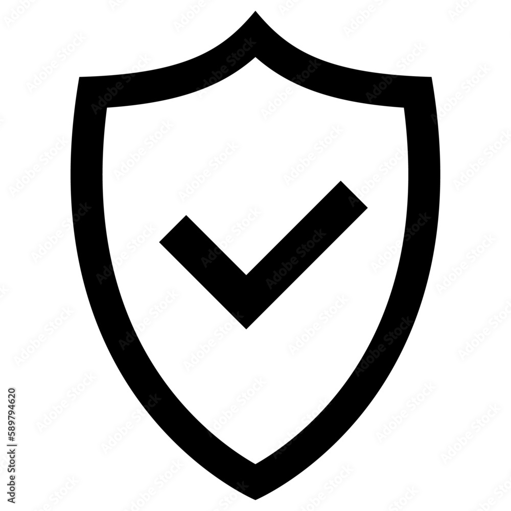 Shield icon with check mark, flat style black color beautiful vector symbol for game, web, app, mobile, product, service, label, UI, logo. Illustration design object isolated on white background. Shield icon with check mark, flat style black color beautiful vector symbol for game, web, app, mobile, product, service, label, UI, logo. Illustration design object isolated on white background.