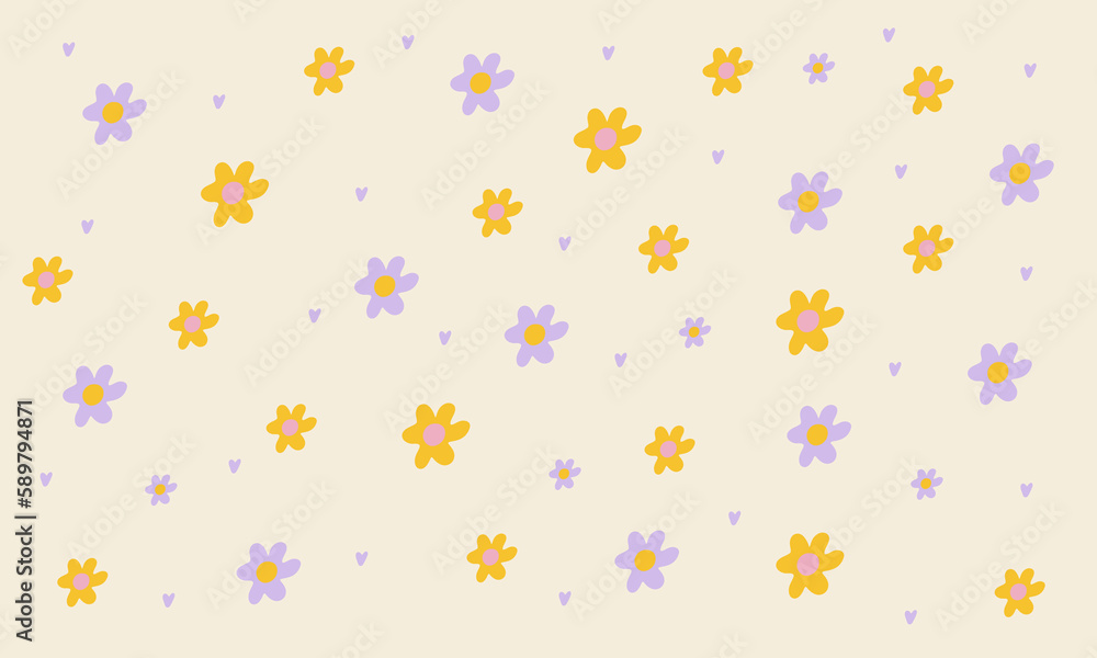 Vintage groovy pastel retro background with flowers. Cute colorful trendy vector illustration in style 70s, 80s.