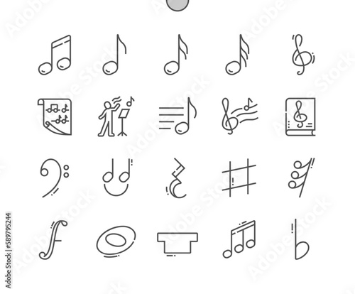Music note. Song, melody or tune. Treble clef, sixteenth note and other. Semibreve. Pixel Perfect Vector Thin Line Icons. Simple Minimal Pictogram