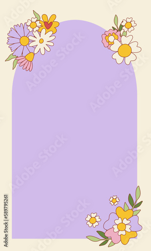 Vintage groovy pastel retro vertical background with flowers. Cute colorful trendy vector illustration in style 70s, 80s.