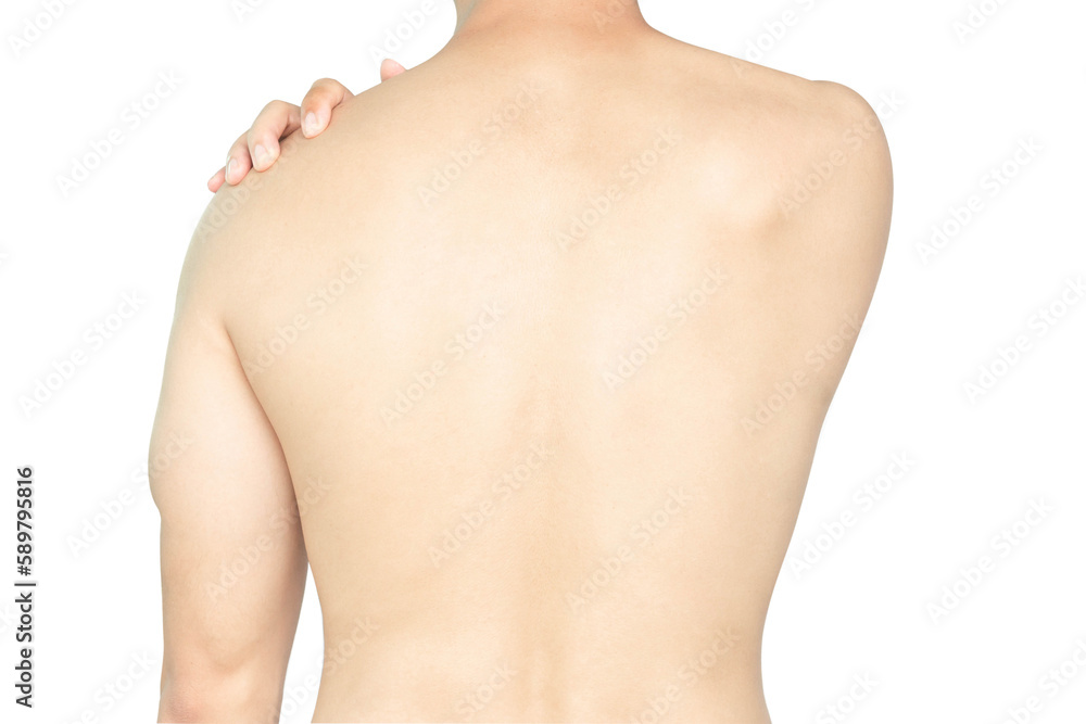 Closeup man hand holding shoulder with pain on white background, health care and medical concept Closeup man hand holding shoulder with pain on white background, health care and medical concept