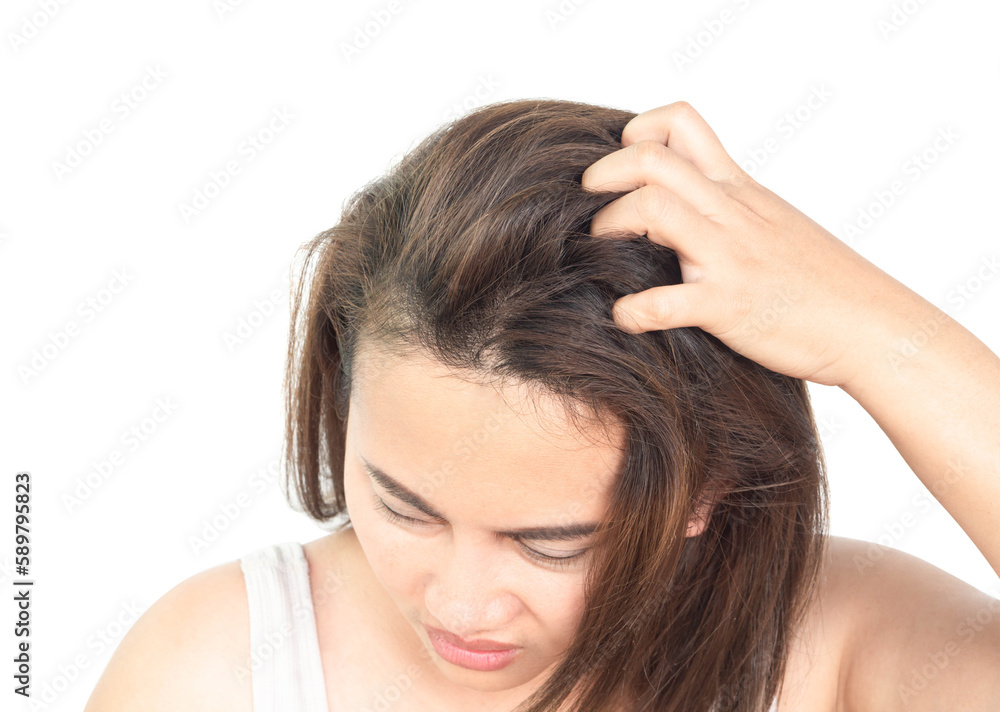 Closeup woman hand itchy scalp, for health care shampoo and beauty product concept Hair care concept Closeup woman hand itchy scalp, for health care shampoo and beauty product concept Hair care concept