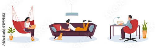 Set of cartoon characters of young people working as freelancers. Successfully time management. Creative employees doing their distant work. Benefits of remote job. Vector