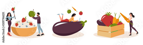 Set of colored cartoon characters of young people joining healthy balanced diet. Fruits and vegetables as sources of energy. Eating veggie food and vitamins. Vector