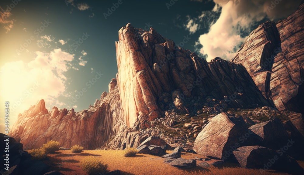 Stunning Rocky Cliff in Summer: A Majestic Landscape in Natural Light. Generative AI