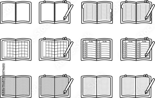 Simple line drawing illustration set of various notebooks.
