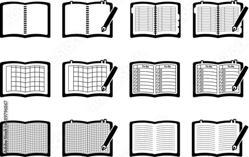 Simple line drawing illustration set of various notebooks.