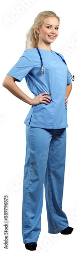 Portrait of beautiful young woman doctor smiling in work uniform