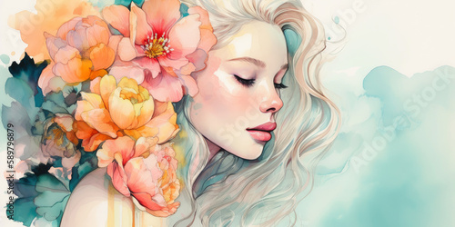 Watercolor young woman with flowers portrait art. Colorful creative watercolor illustration. Generative Ai