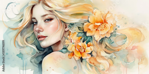 Watercolor young woman with flowers portrait art. Colorful creative watercolor illustration. Generative Ai