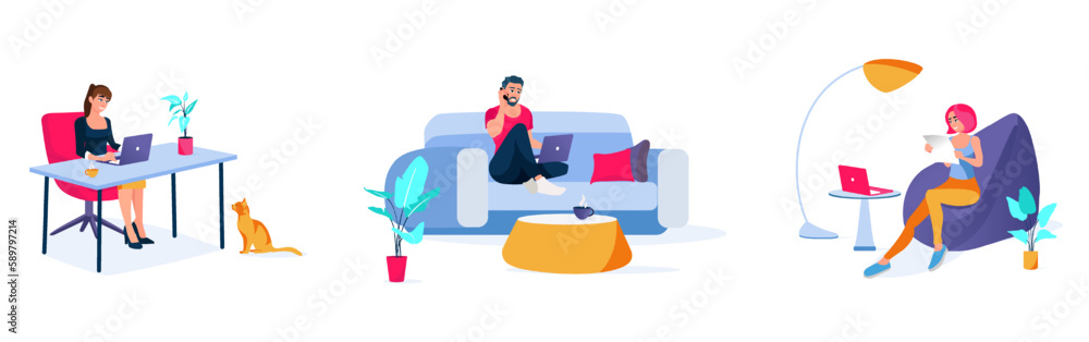 Set of different cartoon characters of young people doing their distant job from home. Time management for freelancers. Online study and education. Vector