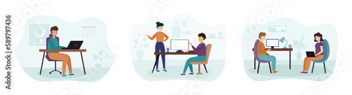 Set of cartoon characters working as programmers in office. Group of young people working using computers and laptops. Process of developing and testing software. Vector
