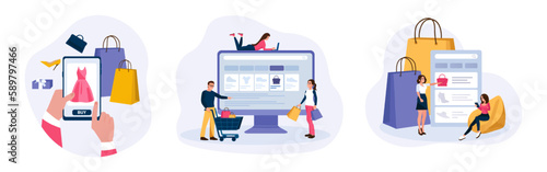 Set of cartoon characters of shopaholic people doing shopping online. Big sales and discounts. Purchase of goods via Internet. Consumer society and commercial business. Vector