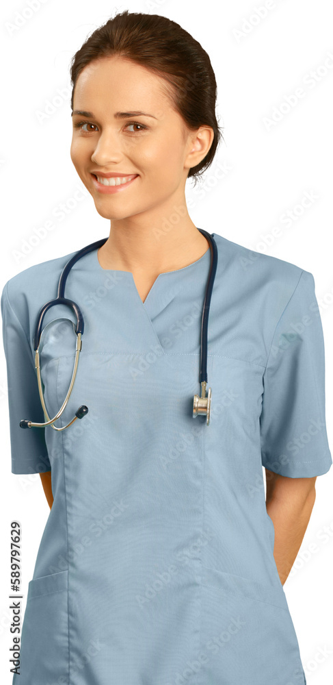 Female healthcare worker in scrubs with a stethoscope Female healthcare worker in scrubs with a stethoscope