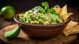 Bowl of guacamole with tortilla chips - Generative AI