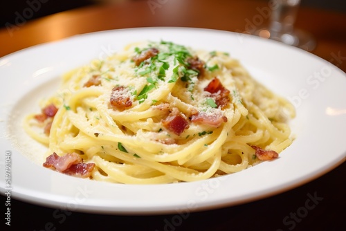 spaghetti carbonara in an italian restaurant, ai generated, Generative AI