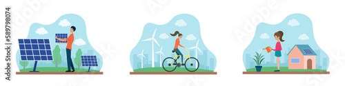 Set of cartoon characters of young people protecting environment. Usage of solar panels and eco transport. Watering trees and taking care of nature. Vector