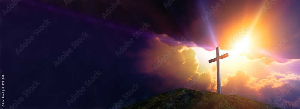 Obraz premium Christian easter. Conceptual religious symbol on a colorful sky at sunset. Generative AI