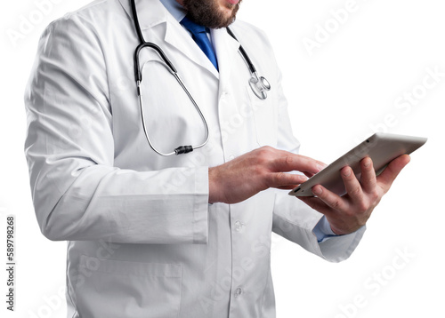 Doctor using  digital tablet isolated on white