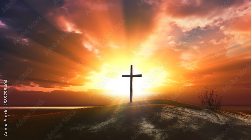 Christian easter. Conceptual religious symbol on a colorful sky at sunset. Generative AI Christian easter. Conceptual religious symbol on a colorful sky at sunset. Generative AI