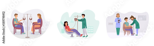 Set of different cartoon characters donating their blood in hospital. Social active youth. Volunteering organization members. Lifesaving impact of blood. Vector