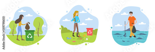 Set of cartoon characters of young people gathering trash. Environmental protection and nature care. Volunteers taking care of environment. No garbage and overconsumption. Vector