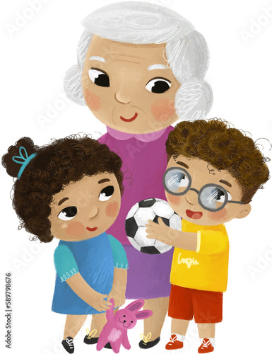 cartoon scene with children father grandmother grandma grandpa family illustration for kids