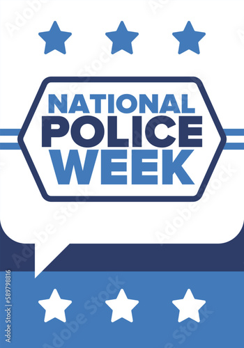 National Police Week in May. Celebrated annual in United States. In honor of the police hero. Police badge and patriotic elements. Officers Memorial Day. Poster, card, banner. Vector illustration
