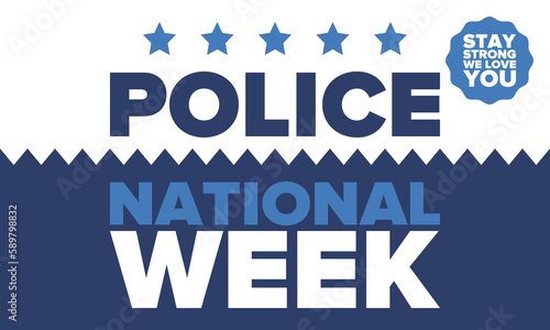 National Police Week in May. Celebrated annual in United States. In honor of the police hero. Police badge and patriotic elements. Officers Memorial Day. Poster, card, banner. Vector illustration
