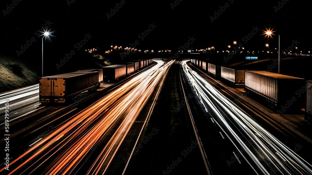 Long exposure shot of a intense traffic highway in the night, created using Generative AI technology