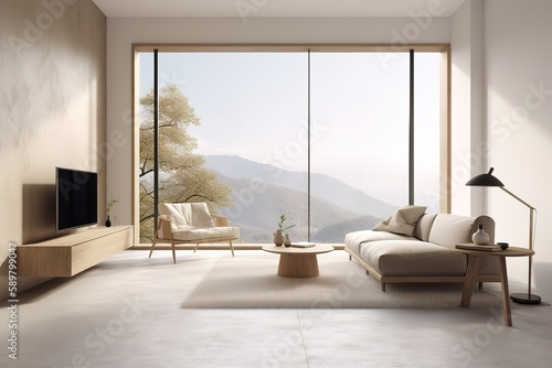White empty room mock-up with brown curtain, white door and wood floor. 3D illustration   Modern living room interior with blank space and empty wall, Generative AI © Azar
