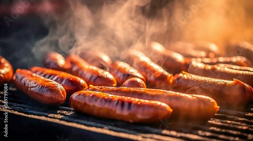 Delicious grilled sausages laying on a hot grill during summertime