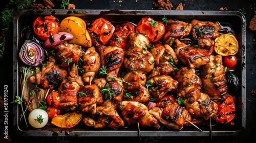 Perfectly grilled chicken shashlik with vegetables, created using Generative AI technology