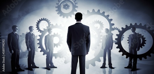 Business man standing in front of machine cogs, illustration of a well working business, created using Generative AI technology