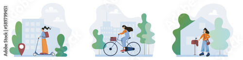 Set of cartoon characters of young women working as regional parcel carriers. Couriers delivering parcels using different transport like scooter and bike. Modern postal system. Vector