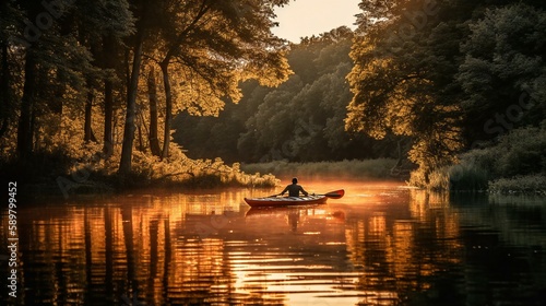 A man kayaking lonely on the river during sunset, created using Generative AI technology