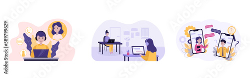 Set cartoon characters working as technical support operators. Call center service representatives. Process of hotline operators helping clients. Vector