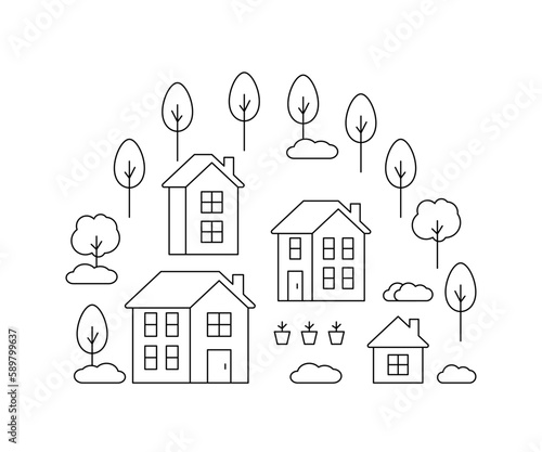 Houses with trees in village or cityscape, line art. Landscape and residential building. Exterior home in country landscape. Vector outline