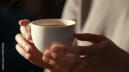 woman hand holding tea cup. close up