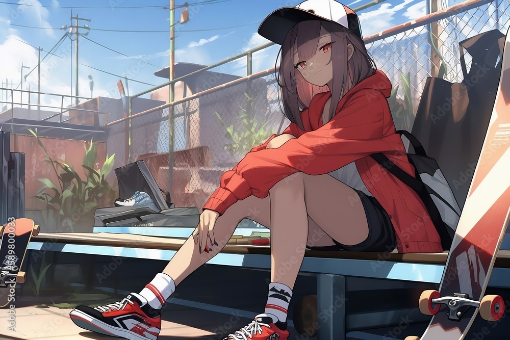 Obraz premium cute skater woman, outdoors, chilling, rap pose, japanese anime style. generative AI