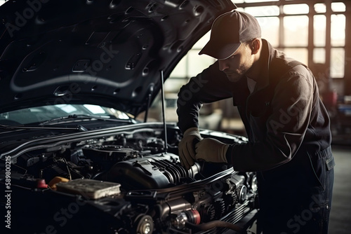 Professional mechanic working on the engine of the car in the garage. Car repair service. The concept of checking the readiness of the car before leaving