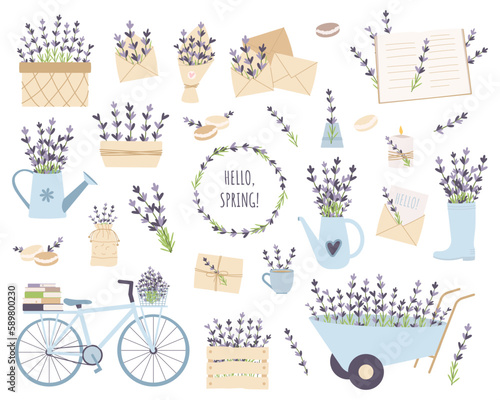 Flat lavender flower set. Wreath, cart, letter, watering can, books, coffee cup, box with flowers.