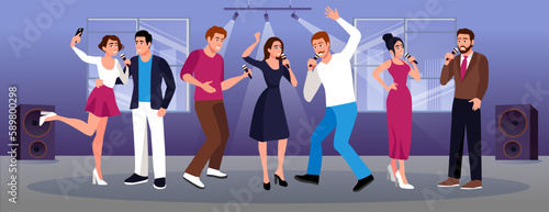 Set of cartoon characters of colleagues celebrating event together. Having fun at office party. Group of coworkers spending time together. Singing and dancing with friends. Vector