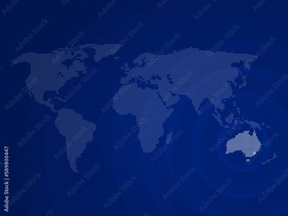 Dotted halftone world map with the country of Australia highlighted. Modern and clean world map on a blue color gradient background.