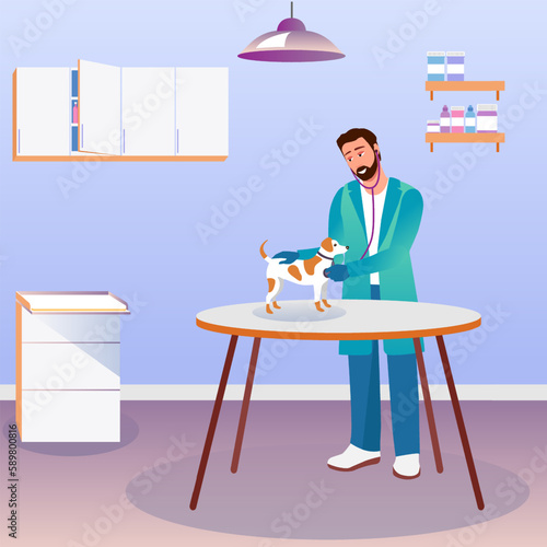 Cartoon character of man working as veterinarian and examining puppy. Professional doctor curing cute pet in veterinary clinic. Healthcare services for domestic animals. Vector