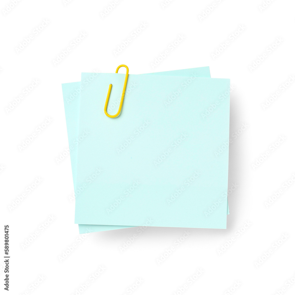 Blue sticky notes with paper clip on white background Blue sticky notes with paper clip on white background