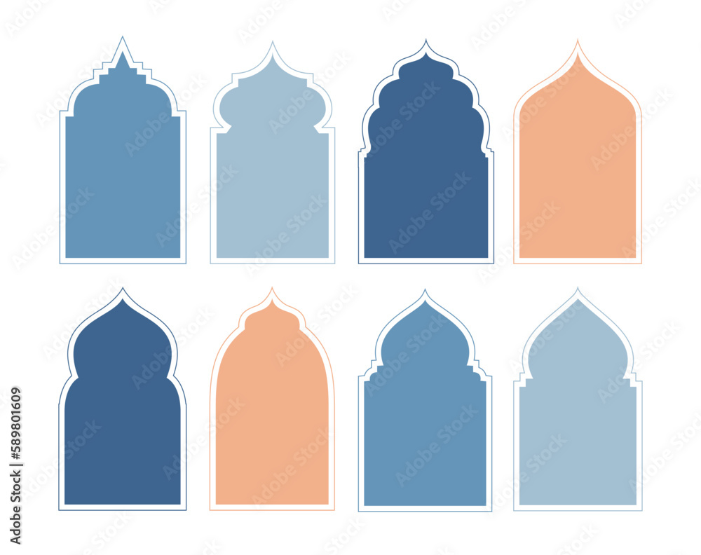 Collection Arabic arch window and doors different shapes for mosque, muslim and islamic architecture. Ramadan and eid mubarak Vector illustration isolated on white background