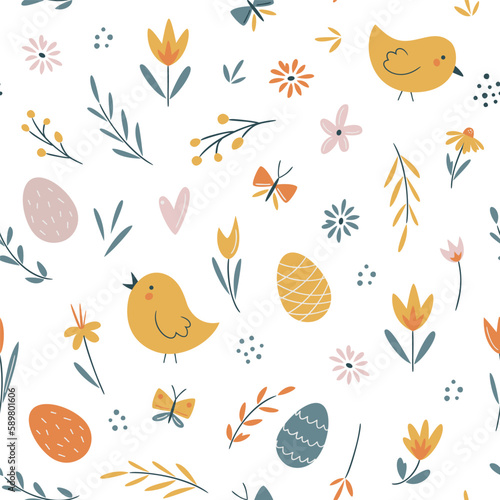 Easter seamless pattern with chicks, easter eggs, flowers and butterfly. Easter egg hunt. Perfect for textile, wallpaper or print design