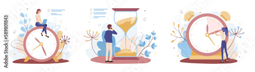 Set of people doing different tasks and managing their time. Different cartoon characters showing good time management efficiency in business process. Vector